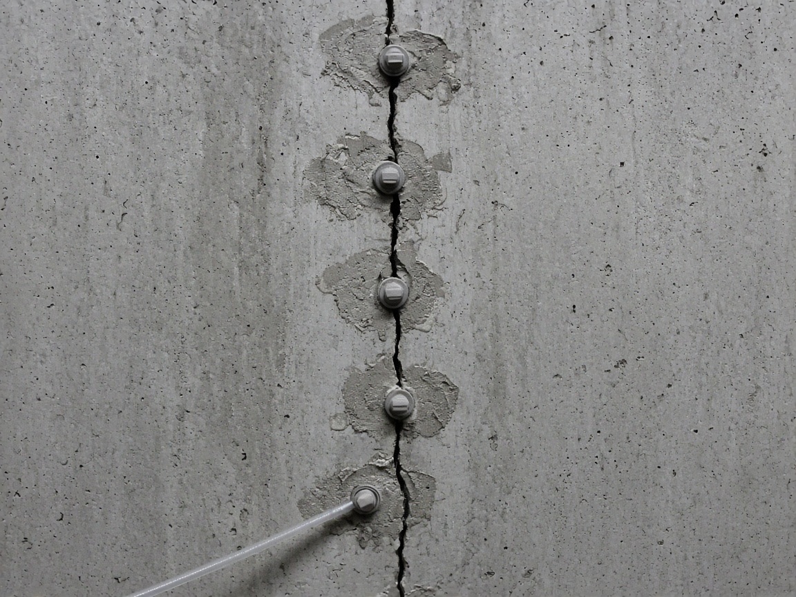 Injection ports bonded along a vertical crack in a poured concrete wall